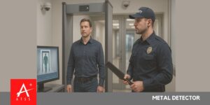 Security personnel monitoring a person walking through a metal detector