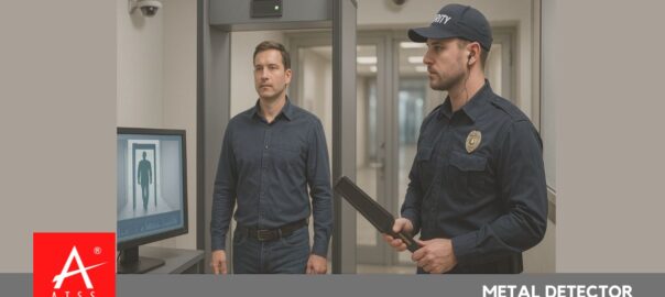 Security personnel monitoring a person walking through a metal detector