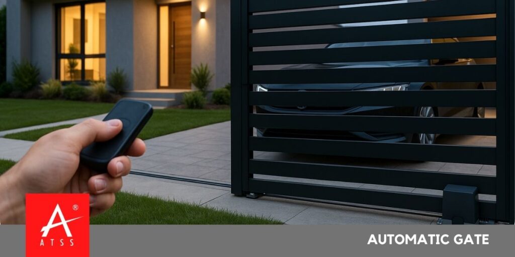 A modern automatic sliding gate system installed at a residential home in India.