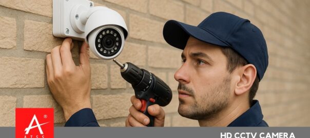 Technician installing HD CCTV camera on building wall. hd camera cctv