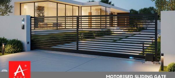 Motorised sliding gate installed at a modern residential entrance