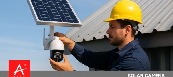 Technician installing solar camera on rooftop for remote surveillance,