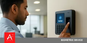 Employee using a bio metric device for attendance