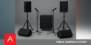 public address system setup with speakers and microphone in office