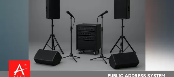 public address system setup with speakers and microphone in office