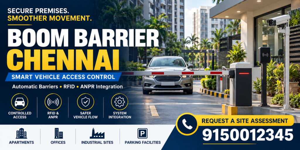 Automatic boom barrier in Chennai for vehicle access control with RFID and ANPR integration